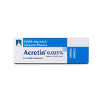 Acretin 0.025% cream packaging by Jamjoom Pharma on a white background