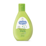 Green bottle of baby body milk with 'bobbles' branding on a white background