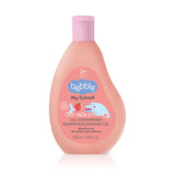 Bottle of bubble bath with pink cap and label on a white background