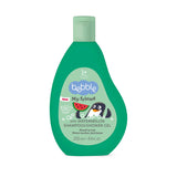 Green bottle of bubble bath with penguin and watermelon design on a white background