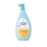 Bottle of baby shampoo and body wash with a blue pump on a white background