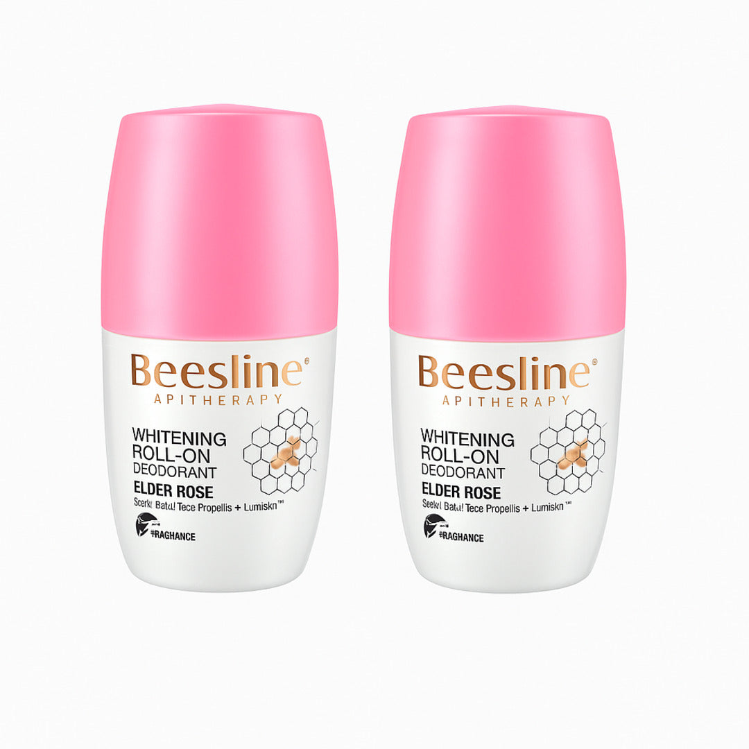 Two Beesline Whitening Roll-On Deodorants with pink caps on a white background
