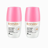 Two Beesline Whitening Roll-On Deodorants with pink caps on a white background