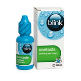 Bottle and packaging of blink contacts soothing eye drops on a white background