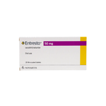 Box of Entresto 50 mg tablets by Novartis on a white background