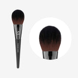 A Flalia Si Real #53 Cheek Brush with a black handle and silver ferrule, showcasing the brush side by side with a close-up of the brown synthetic bristles.