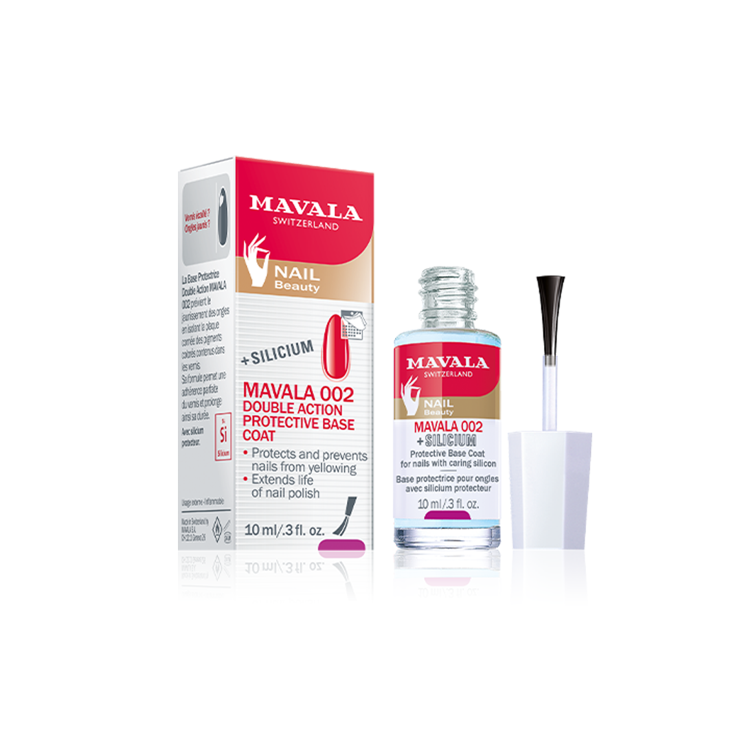 Mavala 002 Protective Base Coat packaging and bottle, indicating the product is a 10 ml nail care product.