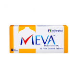 Box of MEVA Mebeverine HCL tablets with Jamnagar Pharma branding on a white background