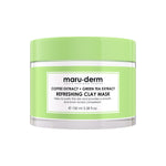 Green jar of maru-derm refreshing clay mask on a white background