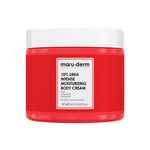 Red jar of maru-derm body cream with white label on a white background