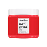 Red jar of maru-derm body cream with white label on a white background