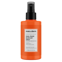 Orange spray bottle of maru-derm dual-phase blow dry spray on a white background