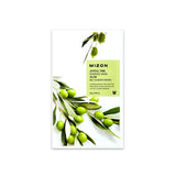 Mizon olive essence mask packaging with green olives and leaves on a white background