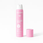 Pink serum bottle with white cap on a white background
