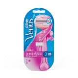 Gillette Venus razor with pink handle in blue packaging on a white background