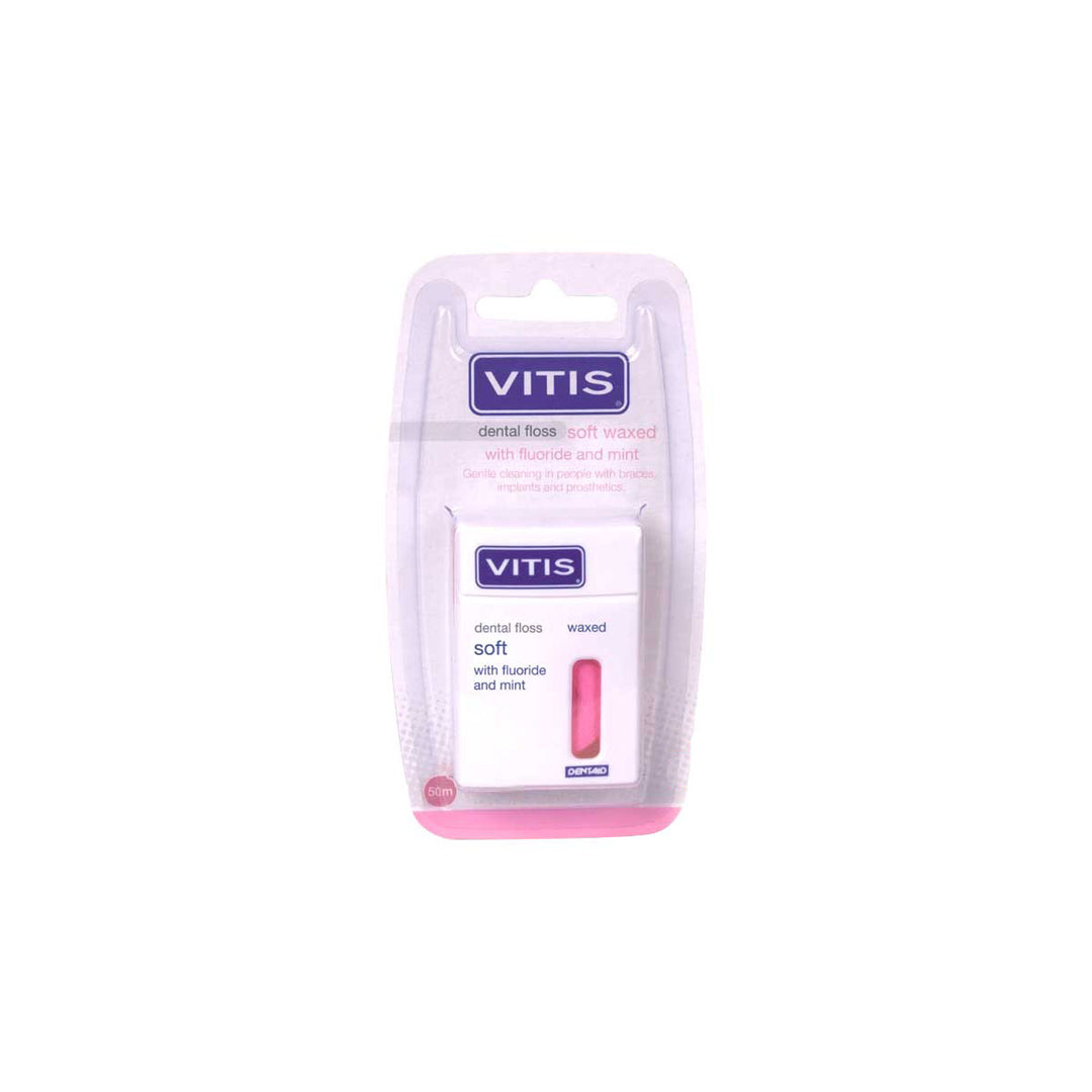 Vitis Soft Waxed Dental Floss 50 m With Fluoride & Mint Pink